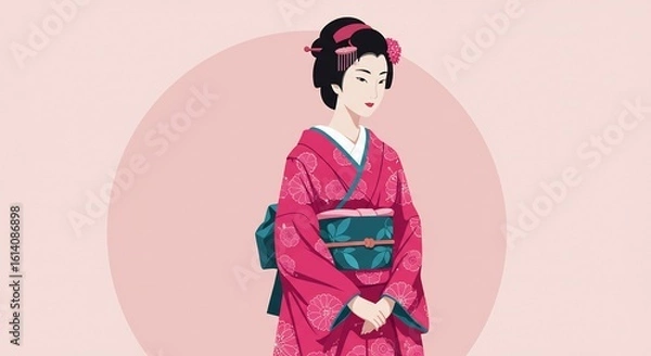 Fototapeta 優雅な着物姿の女性が静かに佇むイラストレーションです。