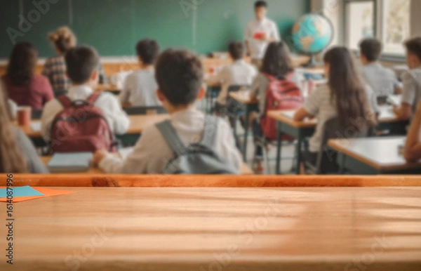 Fototapeta School desk with blurred students and teacher in classroom background. School-related atmosphere of learning, back-to-school excitement, and education in progress.