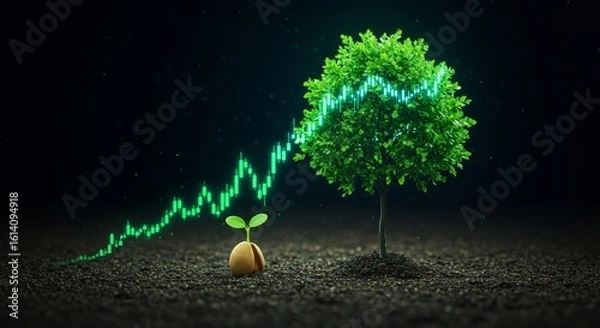 Fototapeta The lifecycle of financial growth represented by a young seedling and a mature tree