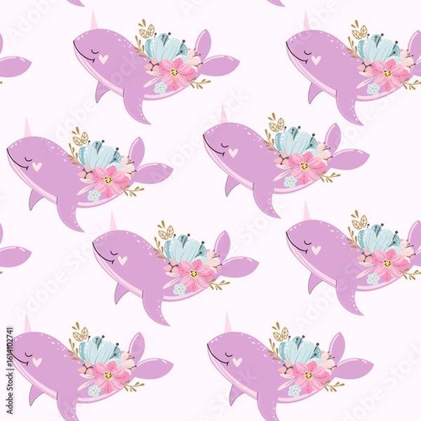 Fototapeta Cute narwhal and flowers in boho style on a white background seamless pattern. Vector illustration for children funny whale. Underwater inhabitants