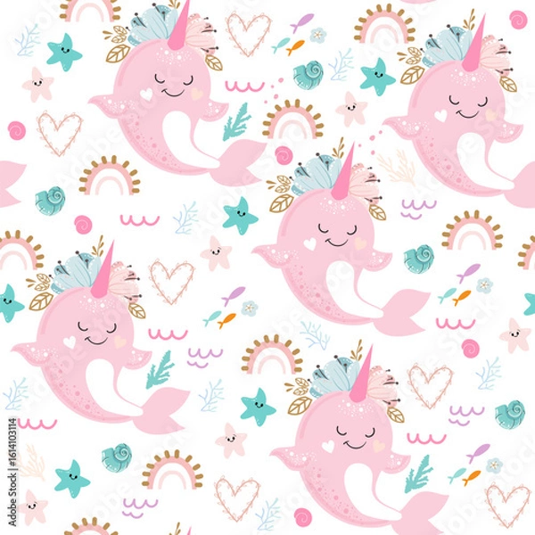 Fototapeta Cute narwhal in boho style on a white background seamless pattern. Vector illustration for children. Underwater inhabitants