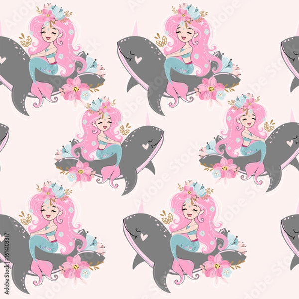 Fototapeta Grey whale narwhal, mermade and flowers on a pink background seamless pattern. Doodle boho style. Design for kids. Vector illustration