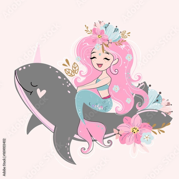 Fototapeta Grey whale narwhal, mermade and flowers on a pink background. Doodle boho style. Design for kids. Vector illustration