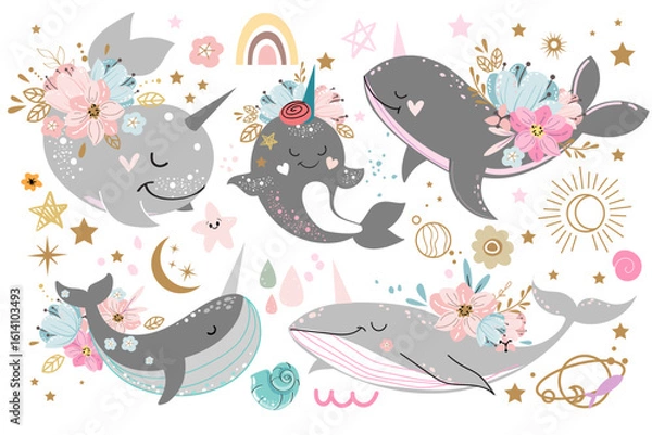 Fototapeta Hand drawn collection with whale and narwhal and flowers in boho style. Vector illustration on a white background