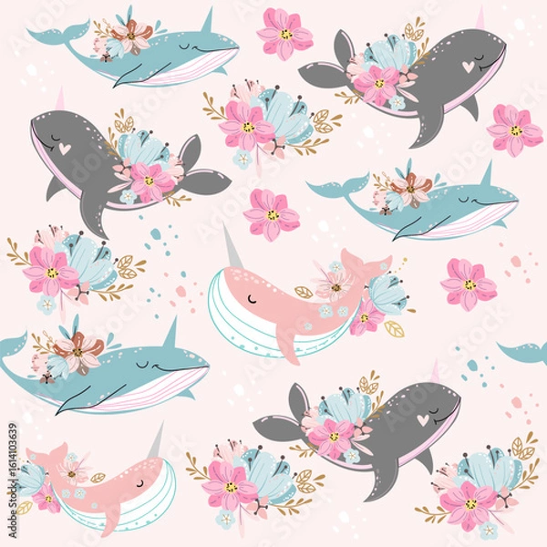 Fototapeta Trend blue and grey whale, narwhal and flowers seamless pattern on a pink background. Doodle boho style. Design for kids. Vector illustration