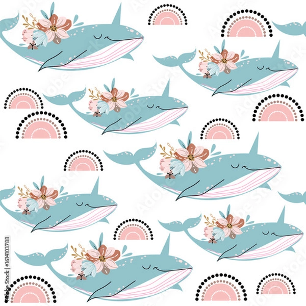 Fototapeta Trend blue whale, narwhal, flowers and rainbow seamless pattern on a white background. Doodle boho style. Design for kids. Vector illustration
