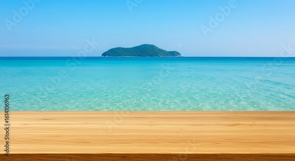 Fototapeta Empty wooden table top with a calm turquoise sea and a tropical island in the background.