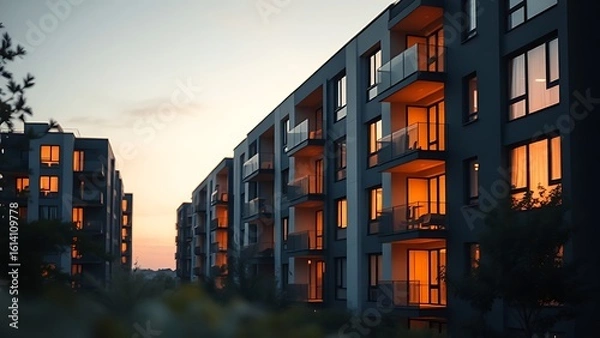 Fototapeta Modern residential buildings at dusk, their clean lines highlighted by warm interior lights.