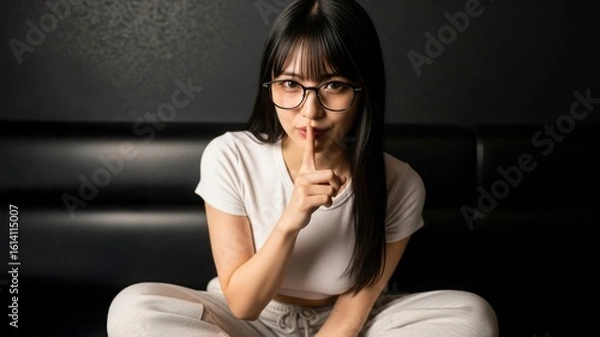 Obraz カラオケのソファに座り、「しー」と内緒のポーズをする女性