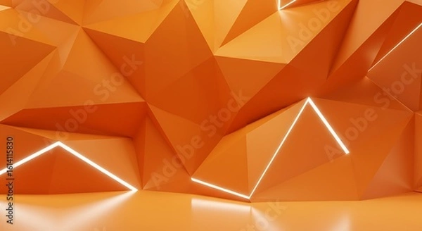 Fototapeta Futuristic orange polygonal backdrop with glowing neon lines. Abstract 3D geometric wall for presentation or product display.