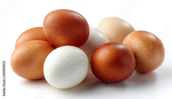 Fototapeta A close up still life of a pile of brown and white hard boiled eggs on a white background