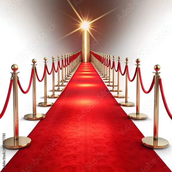 Obraz A luxurious red carpet unfurls, lined with golden stanchions and velvet ropes, leading towards a bright, starlike spotlight
