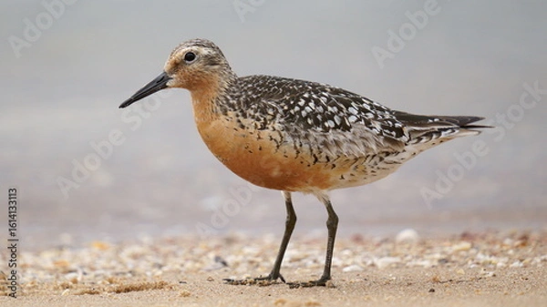 Fototapeta Red-plumaged sandpiper on the shore (close-up). The red knot or just knot (Calidris canutus) is a medium-sized shorebird which breeds in tundra and the Arctic Cordillera in the far north of Canada. 