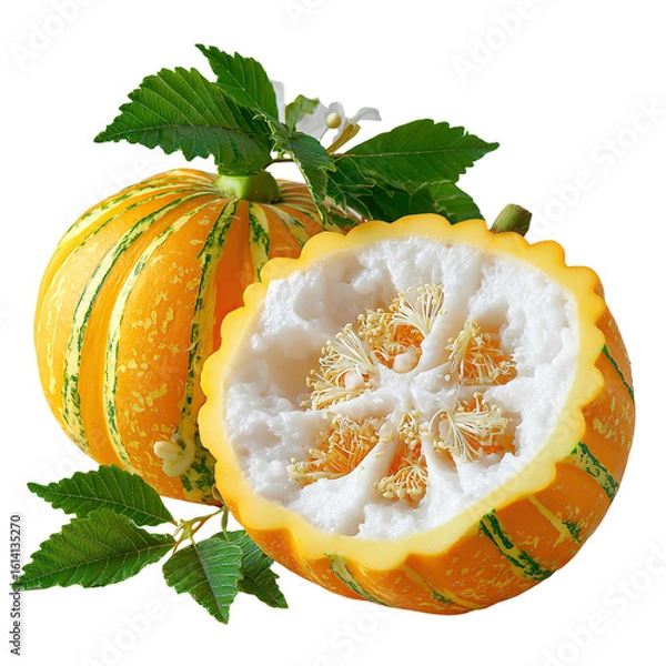 Fototapeta Two ornamental gourds, one whole and one cut open to reveal the white flesh and seeds, are decorated with green leaves and a small white flower.