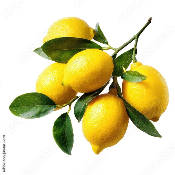 Fototapeta A cluster of bright yellow lemons on a branch with green leaves