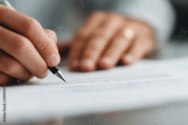 Fototapeta in modern creative office two individuals are dynamically interacting as they sign contractual agreement