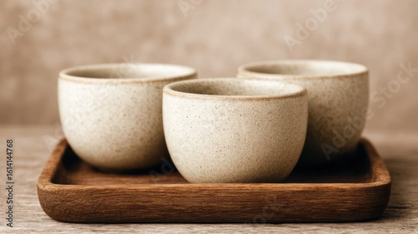 Fototapeta Three speckled ceramic cups on a wooden tray with a soft, warm background.