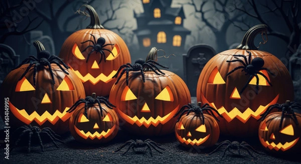 Fototapeta Creepy Halloween Pumpkin Patch Scene with Spiders and Glowing Jack O'Lanterns A Dark and Eerie Display of Carved Pumpkins Adorned with Spiders for Decoration