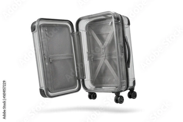 Fototapeta Open transparent suitcase isolated on a clear background, modern travel luggage