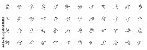 Obraz Birds vector icon set. Minimalist avian collection. Includes swan, kiwi, quail, peacock, penguin, eagle, parrot, flamingo, owl, toucan and more. Editable stroke illustration.