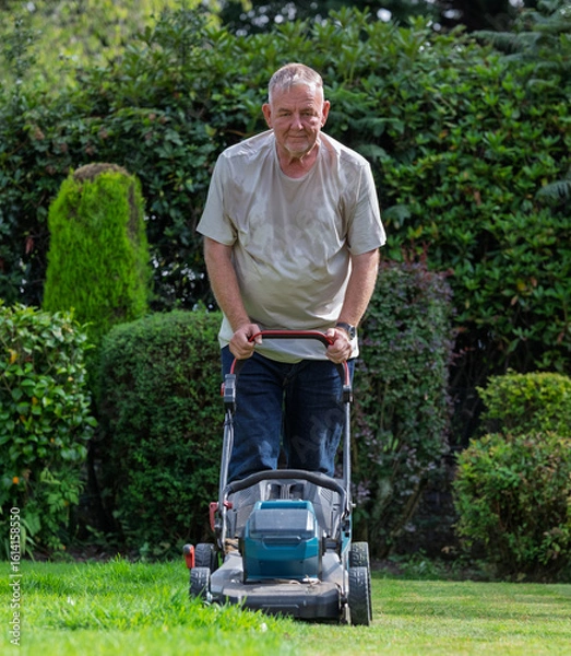 Obraz man cutting the grass with a mower