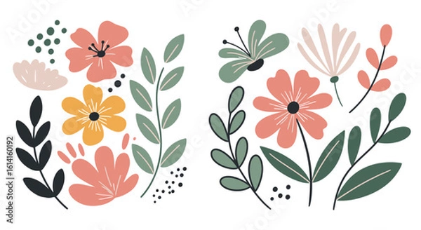 Fototapeta Floral Pattern with Flowers and Leaves in Pastel Colors on White