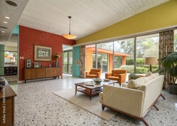 Fototapeta Interior view of a brightly colored living room with large windows and modern furniture design elements