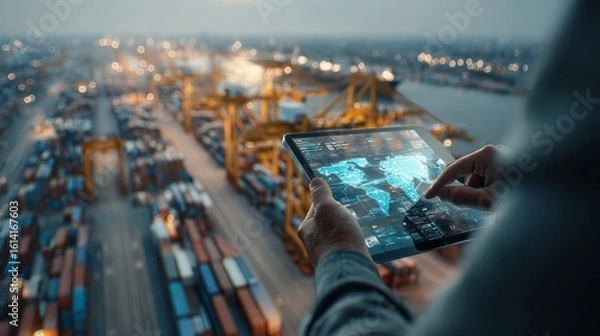 Obraz Businessman using digital tablet with futuristic interface

