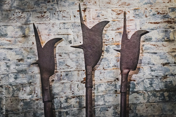 Fototapeta Close up of ancient medieval spears, lances, javelins at Westgate Tower in Canterbury, UK.