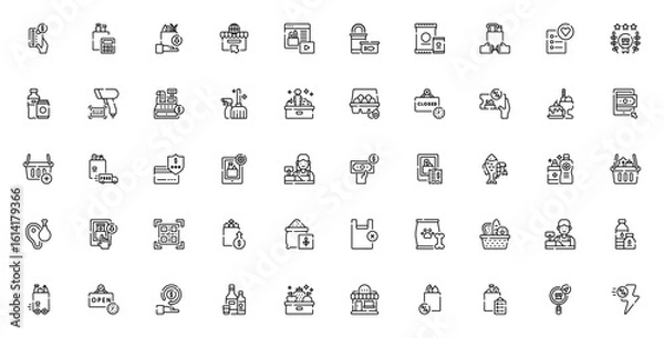 Obraz Grocery icon set. Minimal vector icons pack. Includes payment method, calculator, buy, online shop, canned food, snacks, grocery bag, checkout, seafood, meat, bakery and more. Editable stroke.
