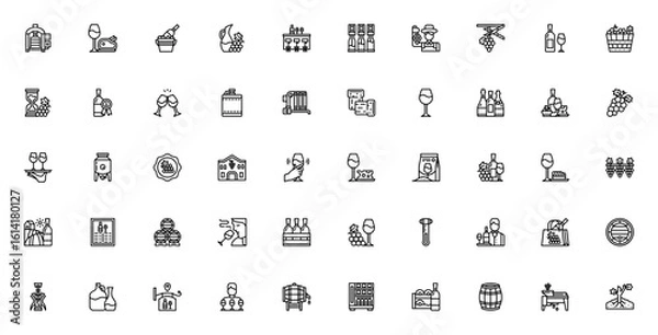 Obraz Winery icon set. Minimal vector icons pack. Includes symbols for wine, vineyard, fermentation, barrel, tasting, glass, grape, harvest, dining, award and more. Editable stroke.