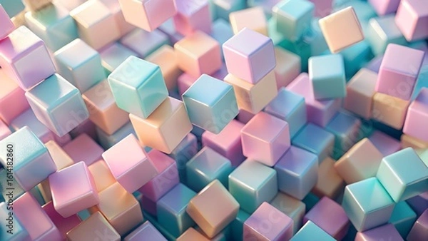 Fototapeta Photo of a vibrant collection of soft pastelcolored cubes are scattered and stacked, creating a playful and abstract geometric pattern