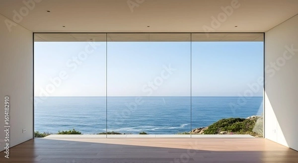 Fototapeta Modern minimalist interior with expansive ocean views.