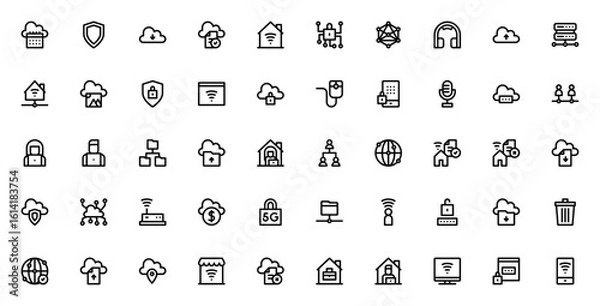 Obraz Networking_5578 icon set. Modern vector icons pack. Includes calendar, shield, download, file, smart home, network, security, 5G, router, user and more. Editable stroke.