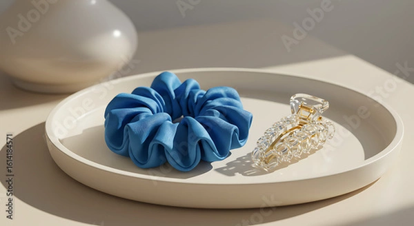 Fototapeta Silk scrunchie and glass hair clip arranged on ceramic tray with soft lighting