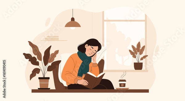 Fototapeta Cozy Reading Nook Woman Enjoying Literature In Relaxing Indoor Atmosphere