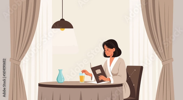 Fototapeta Elegant Breakfast Read Woman Enjoying Fresh Juice In Chic Hotel Room