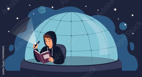 Fototapeta Night Study At Planetarium A Young Man Reads A Book With Flashlight