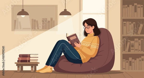 Fototapeta Relaxed Young Woman Enjoys Reading a Book on a Comfortable Beanbag