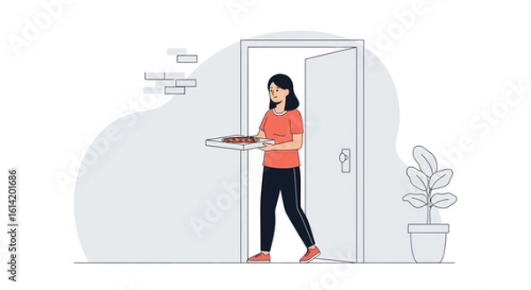 Fototapeta Woman Delivers Pizza Box Through Doorway With Home Interior Details