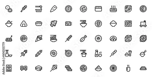 Obraz Japanese food icon set. Minimal vector illustrations. Includes sushi, ramen, tempura, bento, miso, tofu, yakitori, matcha, onigiri, udon, gyoza, sashimi, takoyaki and more. Editable stroke.