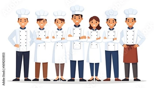 Fototapeta Diverse group of smiling chefs in uniform standing together with arms crossed against a white background