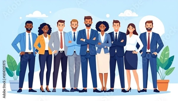 Fototapeta Diverse group of business professionals standing together in a modern office environment with plants