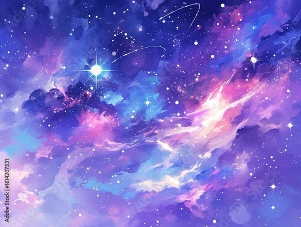 Obraz Galaxy Watercolor Vector Background in Purple, Blue and Pink with Stars for Print-on-Demand Digital Use