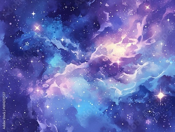 Obraz Galaxy Watercolor Vector Background in Purple, Blue and Pink with Stars for Print-on-Demand Digital Use