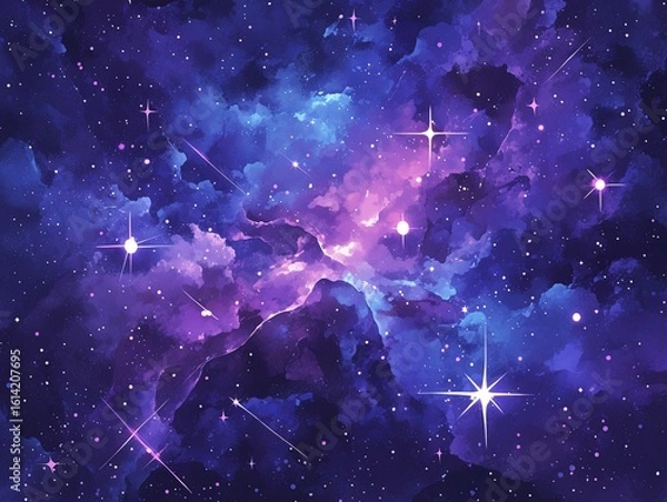 Obraz Galaxy Watercolor Vector Background in Purple, Blue and Pink with Stars for Print-on-Demand Digital Use