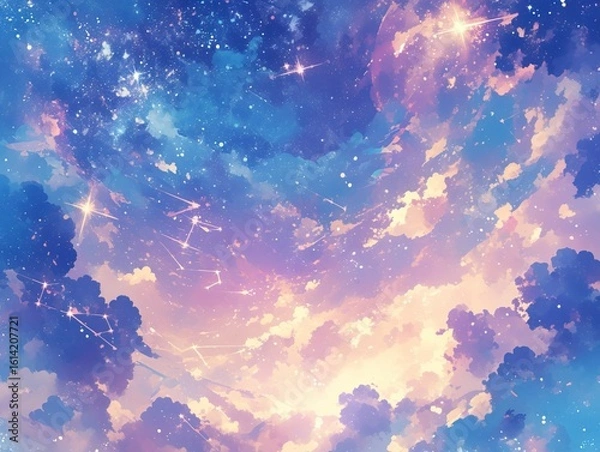 Obraz Serene Starry Sky Mobile Wallpaper with Pastel Clouds in Blue, Purple and Pink, Ethereal Stardust Background