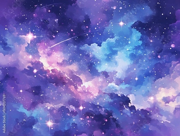 Obraz Galaxy Watercolor Vector Background in Purple, Blue and Pink with Stars for Print-on-Demand Digital Use