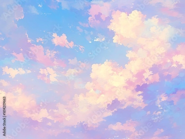 Obraz Dreamy Pastel Sky Watercolor Background with Ethereal Clouds in Pink, Blue and Purple, Abstract Minimalist Gradient