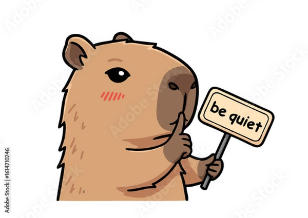 Obraz Cartoon Capybara Holding Be Quiet Sign with Finger on Lips.